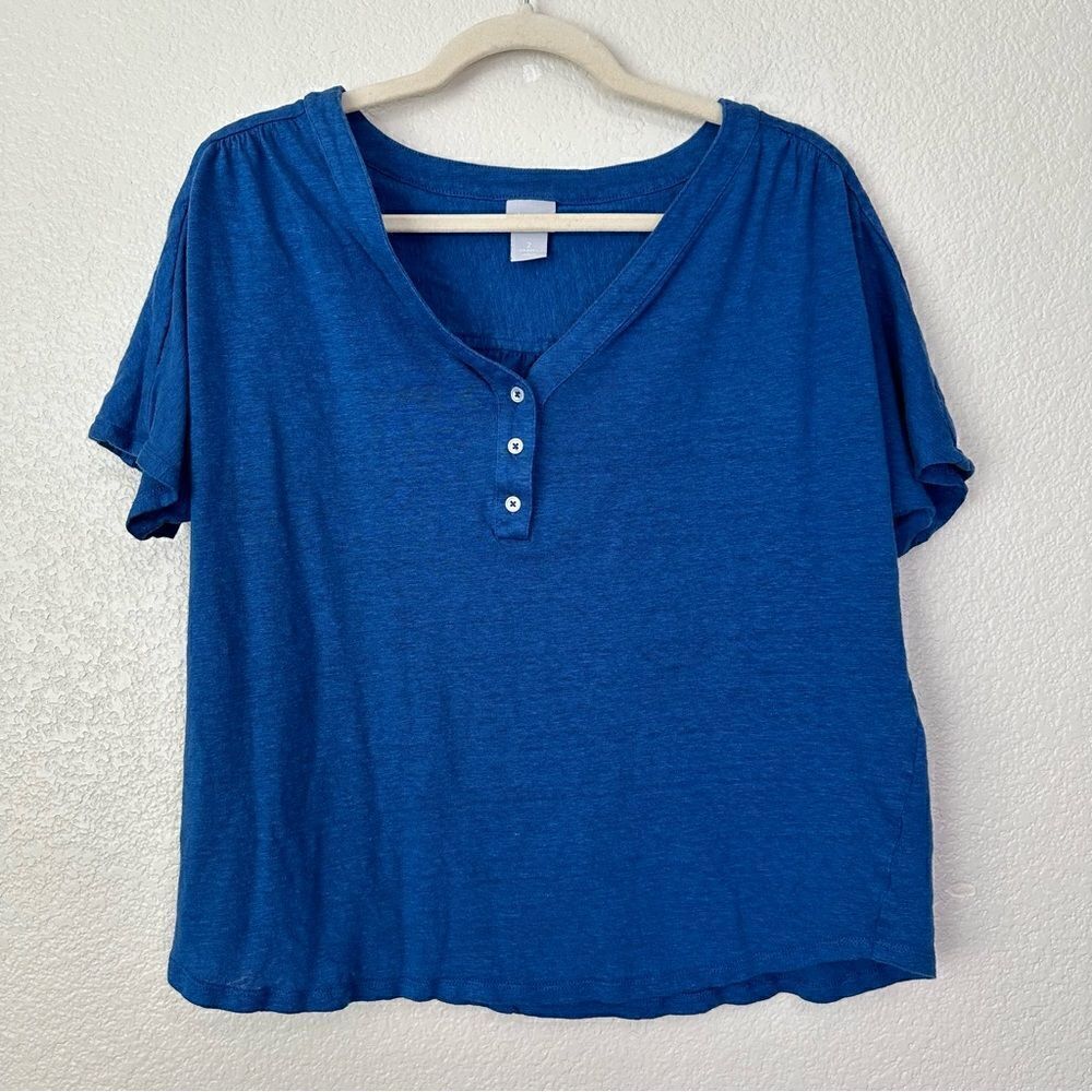 Chico’s 100% Linen Blue Stretch Henley Short Sleeves Tee, Sz Large